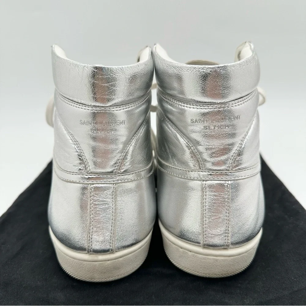 Saint Laurent Men's Metallic Silver Leather Hi-top Sneaker 418026 - Picture 8 of 11